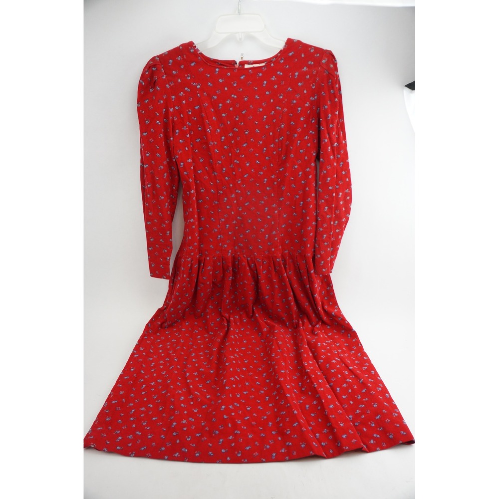 Lanz Originals Dress Sz 6 Red Floral Corduroy Long Sleeve Pleated Vintage 1980s